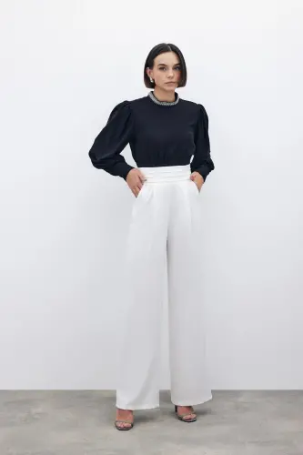 Belt Detailed Pocketed Trousers - Ecru-ECRU - 6