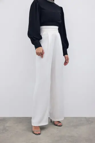 Belt Detailed Pocketed Trousers - Ecru-ECRU - 7