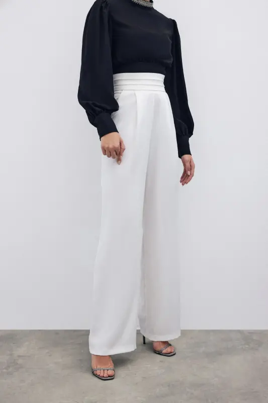 Belt Detailed Pocketed Trousers - Ecru-ECRU - 7