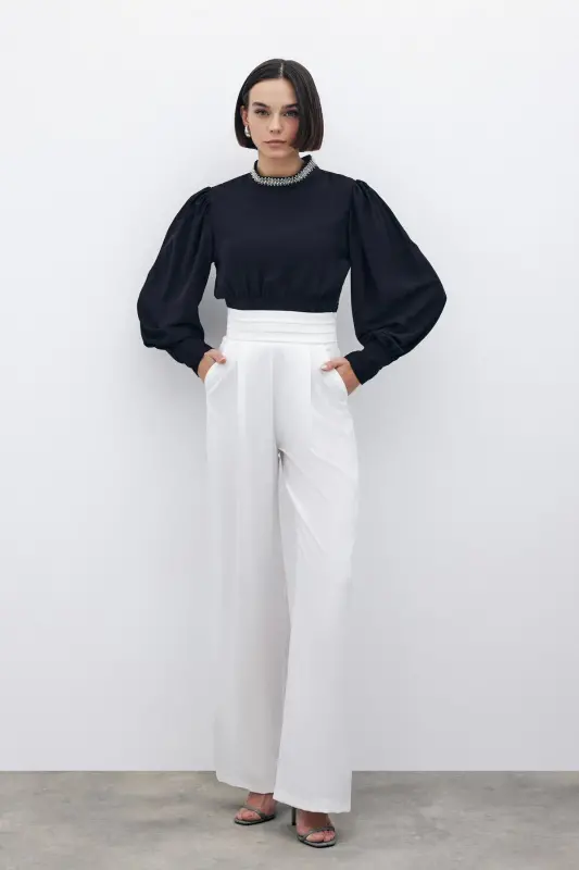 Belt Detailed Pocketed Trousers - Ecru-ECRU - SATEEN