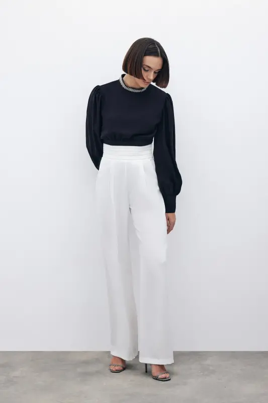 Belt Detailed Pocketed Trousers - Ecru-ECRU - 2