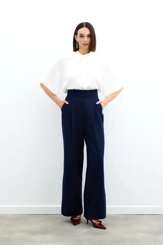 Belt Detailed Pocketed Trousers - Navy Blue-NAVY BLUE - 1