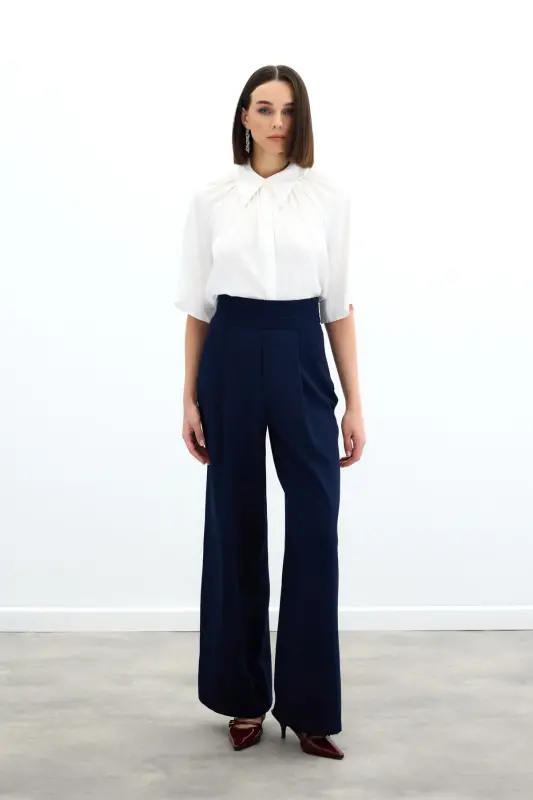 Belt Detailed Pocketed Trousers - Navy Blue-NAVY BLUE - 3