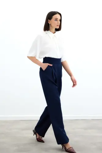 Belt Detailed Pocketed Trousers - Navy Blue-NAVY BLUE - 4