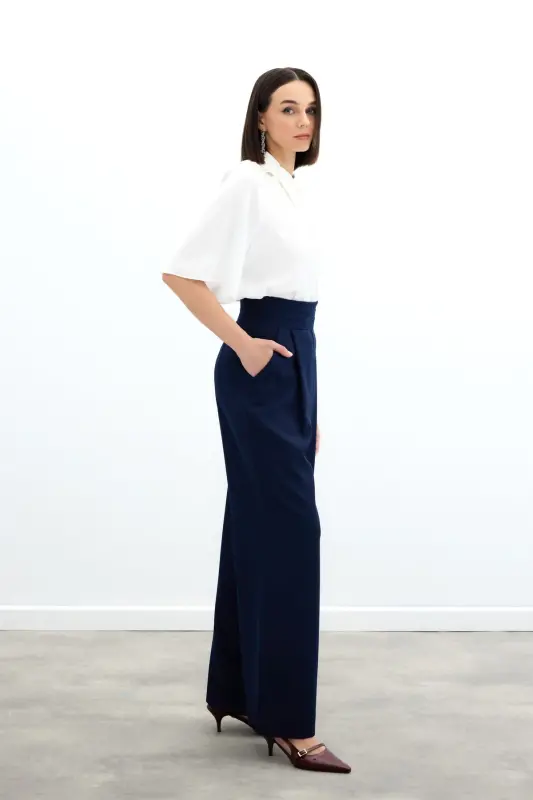 Belt Detailed Pocketed Trousers - Navy Blue-NAVY BLUE - 5