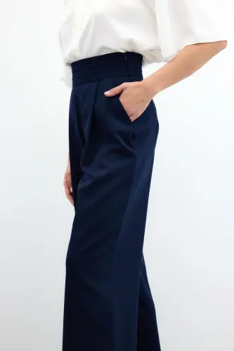 Belt Detailed Pocketed Trousers - Navy Blue-NAVY BLUE - 6