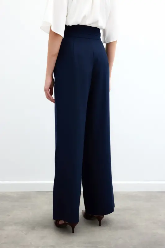 Belt Detailed Pocketed Trousers - Navy Blue-NAVY BLUE - 8