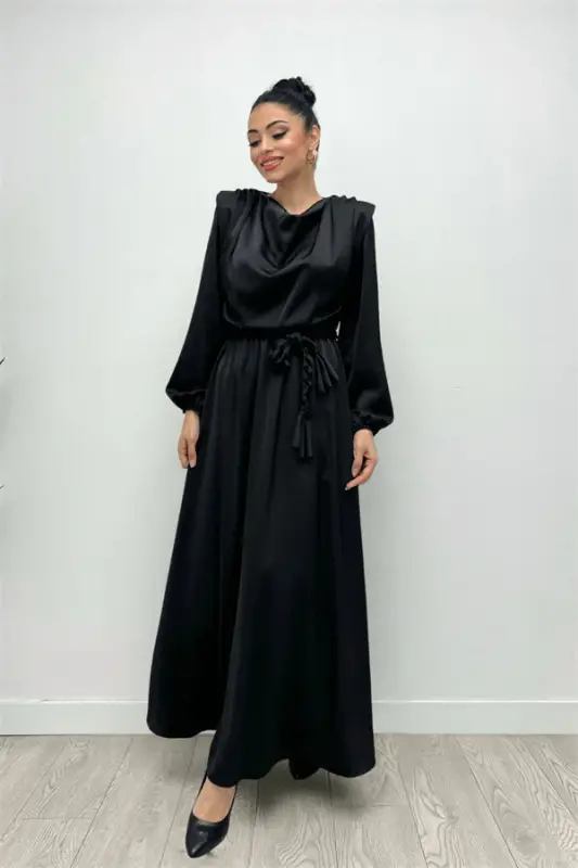 Belt Detailed Satin Evening Dress - BLACK - BÜYÜKBEDENIZ