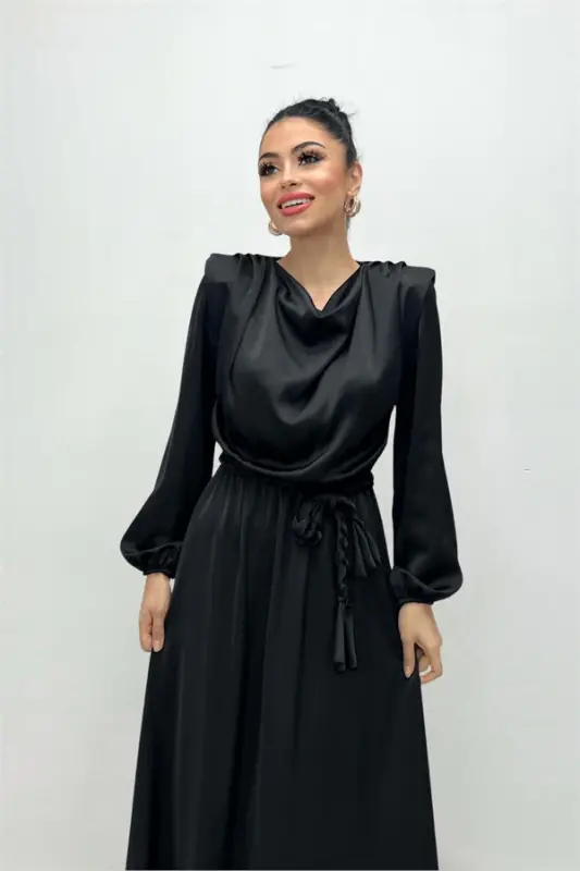 Belt Detailed Satin Evening Dress - BLACK - 2