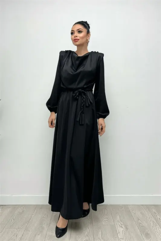 Belt Detailed Satin Evening Dress - BLACK - 3
