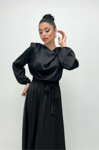 Belt Detailed Satin Evening Dress - BLACK - 4