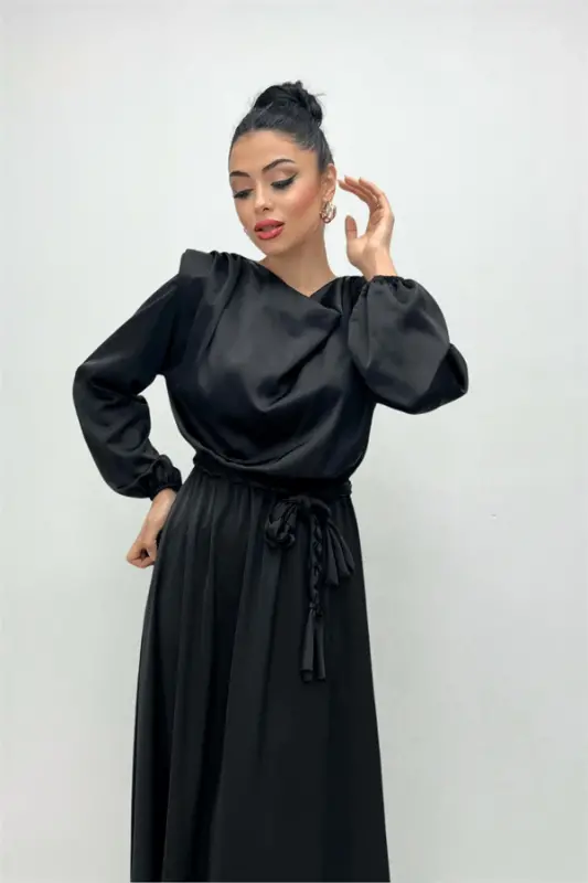 Belt Detailed Satin Evening Dress - BLACK - 4
