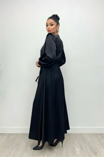 Belt Detailed Satin Evening Dress - BLACK - 5