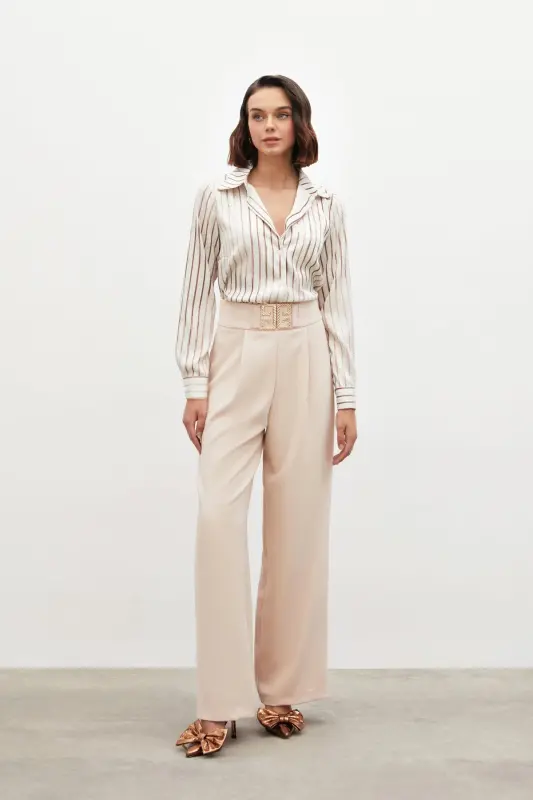 Belt Detailed Wide Leg Trousers - BEIGE-BEIGE - 2