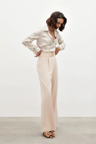 Belt Detailed Wide Leg Trousers - BEIGE-BEIGE - 3