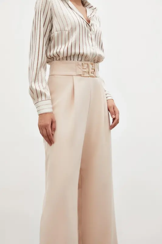 Belt Detailed Wide Leg Trousers - BEIGE-BEIGE - 4