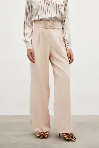 Belt Detailed Wide Leg Trousers - BEIGE-BEIGE - 5