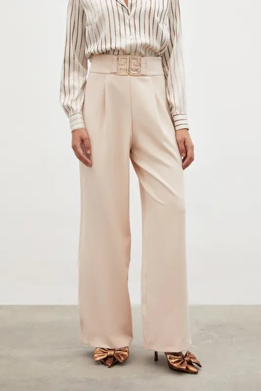 Belt Detailed Wide Leg Trousers - BEIGE-BEIGE - 5