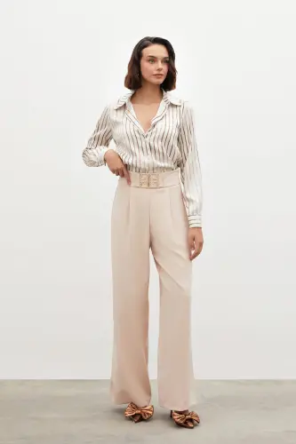 Belt Detailed Wide Leg Trousers - BEIGE-BEIGE 