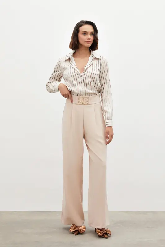 Belt Detailed Wide Leg Trousers - BEIGE-BEIGE - SATEEN