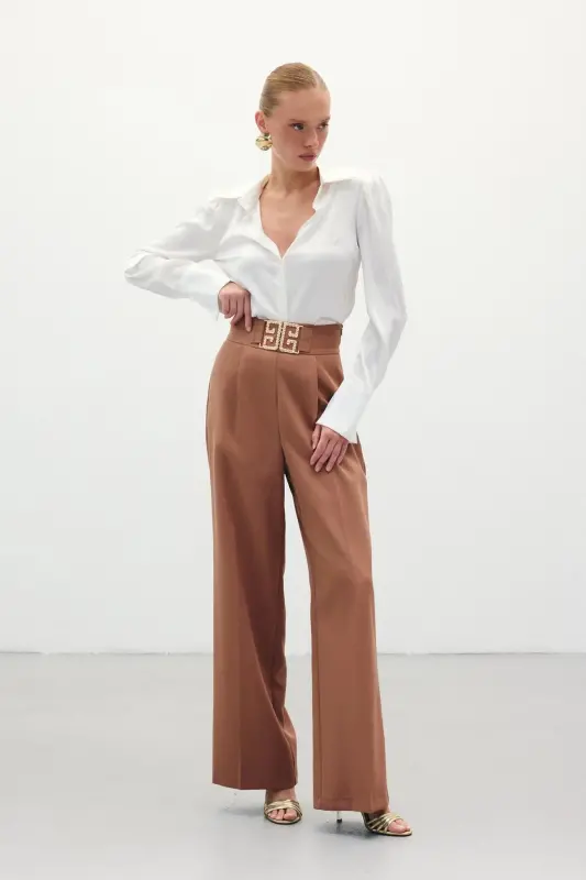 Belt Detailed Wide Leg Trousers - Camel-CAMEL - 2