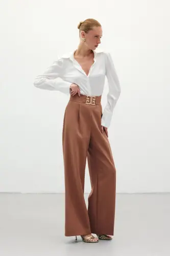 Belt Detailed Wide Leg Trousers - Camel-CAMEL - 3