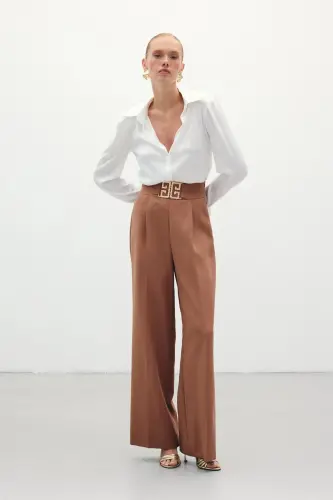 Belt Detailed Wide Leg Trousers - Camel-CAMEL - 4