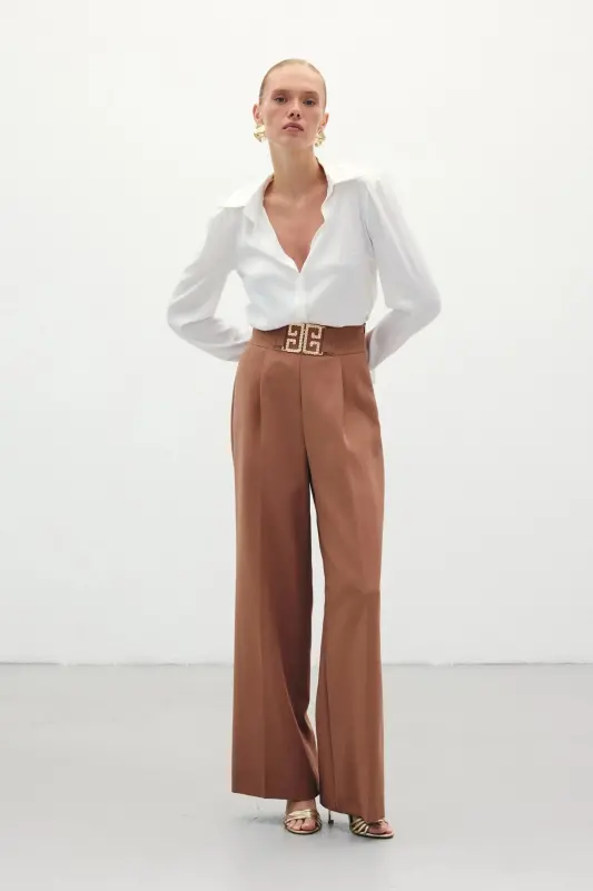 Belt Detailed Wide Leg Trousers - Camel-CAMEL - 4
