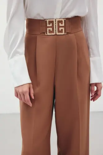 Belt Detailed Wide Leg Trousers - Camel-CAMEL - 6