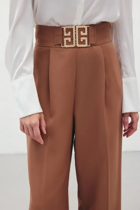 Belt Detailed Wide Leg Trousers - Camel-CAMEL - 6
