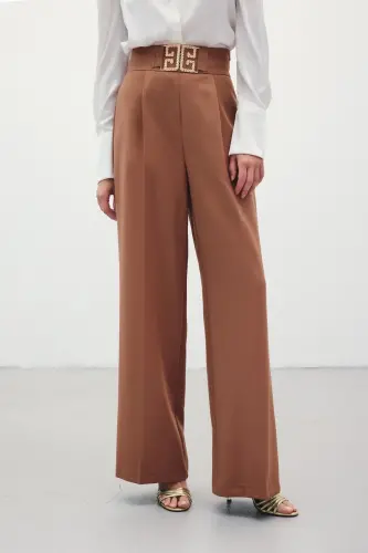 Belt Detailed Wide Leg Trousers - Camel-CAMEL - 7