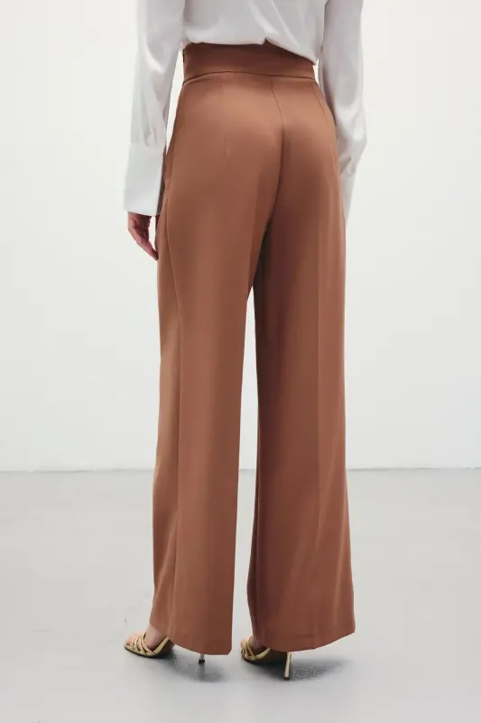 Belt Detailed Wide Leg Trousers - Camel-CAMEL - 8