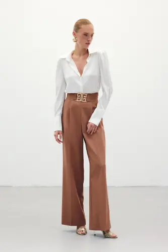 Belt Detailed Wide Leg Trousers - Camel-CAMEL 