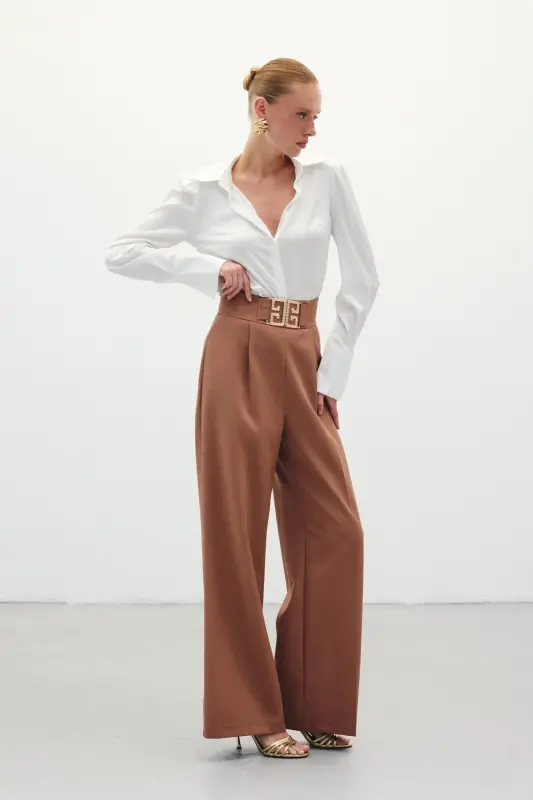 Belt Detailed Wide Leg Trousers - Camel-CAMEL - 3