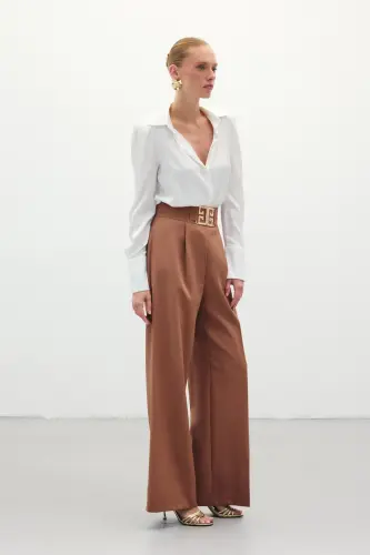 Belt Detailed Wide Leg Trousers - Camel-CAMEL - 5