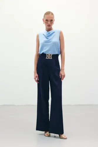 Belt Detailed Wide Leg Trousers - NAVY-NAVY 