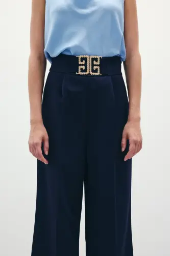 Belt Detailed Wide Leg Trousers - NAVY-NAVY - 3