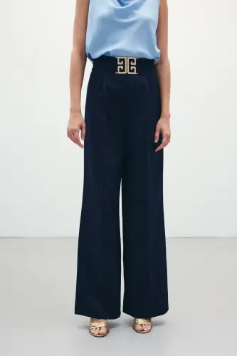 Belt Detailed Wide Leg Trousers - NAVY-NAVY - 4