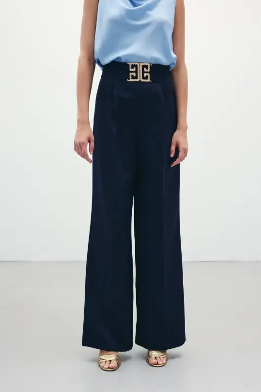 Belt Detailed Wide Leg Trousers - NAVY-NAVY - 4
