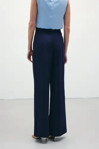 Belt Detailed Wide Leg Trousers - NAVY-NAVY - 5