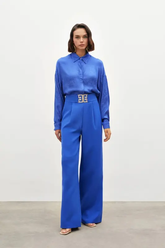 Belt Detailed Wide Leg Trousers - SAX BLUE-SAX BLUE - 1