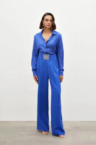 Belt Detailed Wide Leg Trousers - SAX BLUE-SAX BLUE - 3