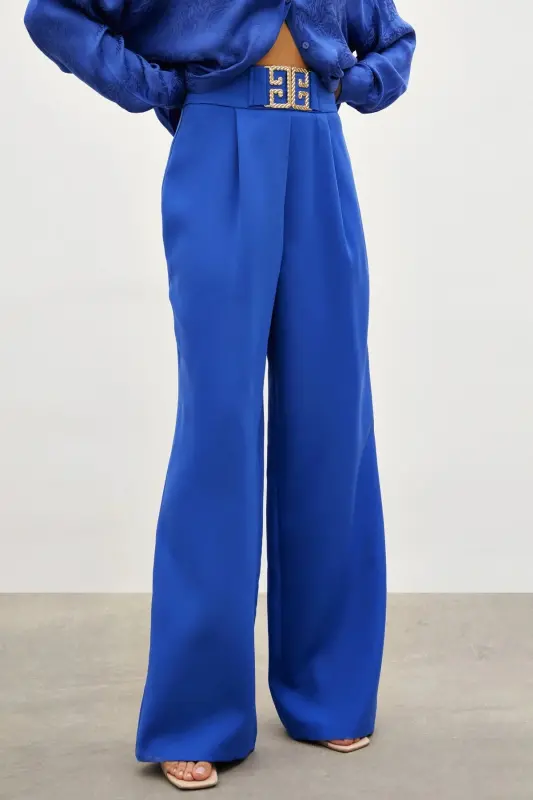 Belt Detailed Wide Leg Trousers - SAX BLUE-SAX BLUE - 4