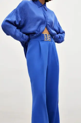 Belt Detailed Wide Leg Trousers - SAX BLUE-SAX BLUE - 5