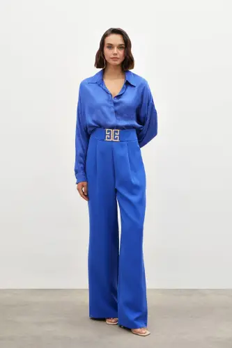 Belt Detailed Wide Leg Trousers - SAX BLUE-SAX BLUE - SATEEN (1)