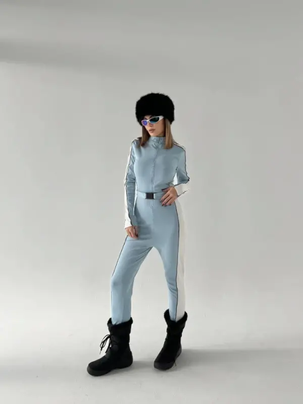 Belt Detailed Zippered Jumpsuit - Baby Blue - 2