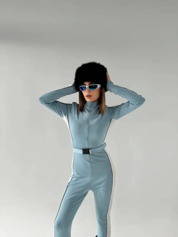 Belt Detailed Zippered Jumpsuit - Baby Blue - 3