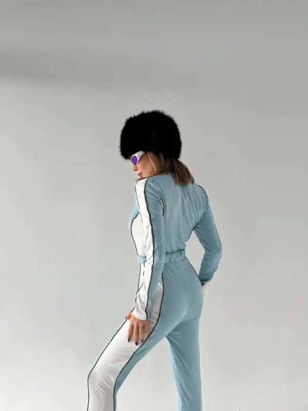 Belt Detailed Zippered Jumpsuit - Baby Blue - 4