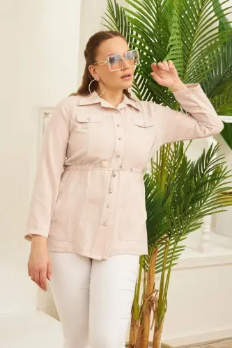 Belt Lace Detailed Plus Size Cream Linen Jacket - BÜYÜKBEDENIZ (1)