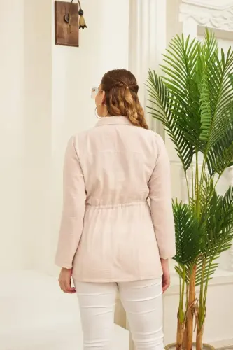 Belt Lace Detailed Plus Size Cream Linen Jacket - 5